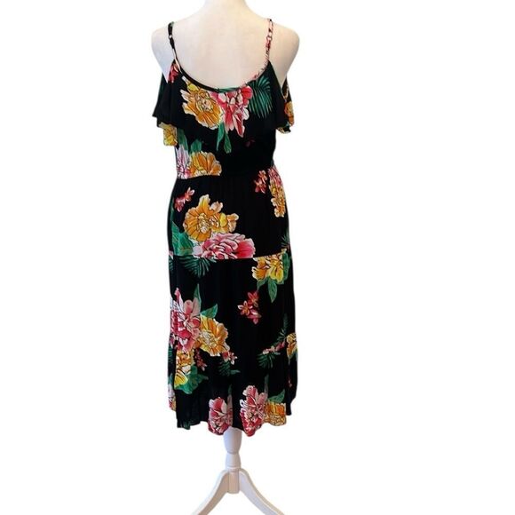 Old Navy szS cold shoulder ruffle elastic waist lined tropical print dress EUC - Picture 3 of 14